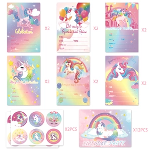 Detailed set of unicorn party invitations with cards and stickers for kids birthdays