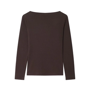 Women's dark brown long sleeve boat neck top with chic 3D flower detail design