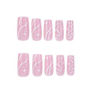 Long square glossy press-on nails featuring pink gradient, white stars and butterfly wings
