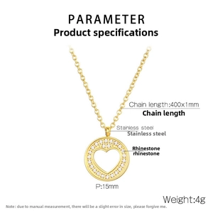 Detail showing 400mm gold stainless steel chain and 15mm rhinestone heart pendant