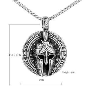 Silver Spartan helmet and round shield pendant necklace in polished stainless steel