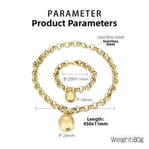 Detailed sizing of gold stainless steel chunky link necklace and bracelet jewelry set