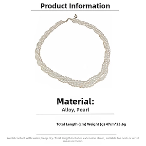 Detail view of a multi-layer faux pearl choker necklace with specifications and dimensions