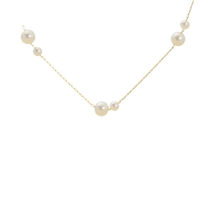 Elegant 18K gold stainless steel necklace with three pairs of white pearls on white background