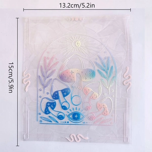 Detailed size view of holographic suncatcher window film packaging with mystic motifs