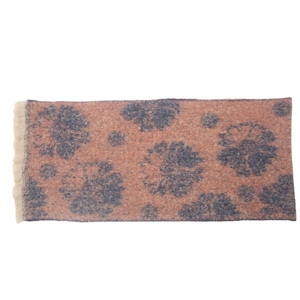 Close-up of pink and navy floral woven scarf texture with delicate fringe edge details