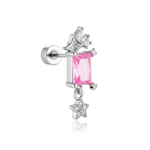 Silver square pink zircon earring with sparkling star charms on a white background