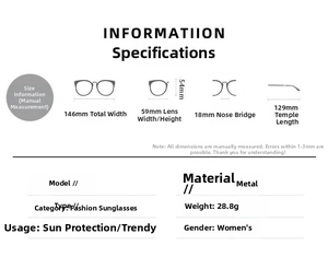 Detailed size chart for rimless square sunglasses showing frame width and lens dimensions