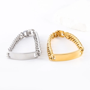 Polished stainless steel ID curb chain bracelets for couples in gold and silver finish