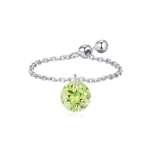 Adjustable S925 sterling silver chain ring with olive green dangling crystal pendant