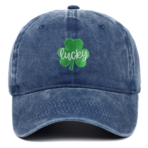 Navy washed cotton baseball cap with green clover leaf and lucky embroidery