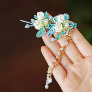 Barrette À Cheveux Tulipe Style Chinois Vintage Avec Longue Gland En Fausse Künstliche Perle Alliage Émail Coiffe Délicate Pour Femmes