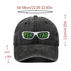 Detailed size guide for washed denim baseball cap with green FERXXO embroidery