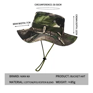 Unisex camouflage fishing sun hat with adjustable strap and size specifications chart