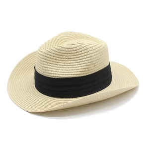 Classic beige Panama straw hat with black ribbon, foldable sun protection beach fedora
