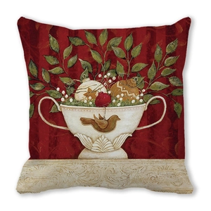 Detail of Christmas pillowcase with vintage festive bird and ornament botanical print