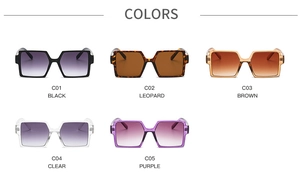 Detailed grid of oversized square sunglasses in black, leopard, brown, clear, and purple
