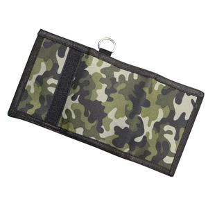 Foldable camo polyester wallet in green and brown with metal ring attachment