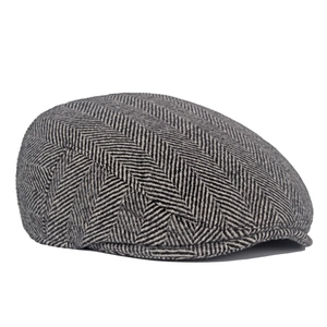 Men's wool herringbone newsboy cap in classic black and white british retro style