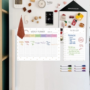 Weekly planner set with 6 magnetic markers displayed on a white refrigerator surface