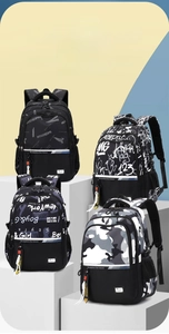 Close-up of four diverse patterns on student backpacks including graffiti and camo styles