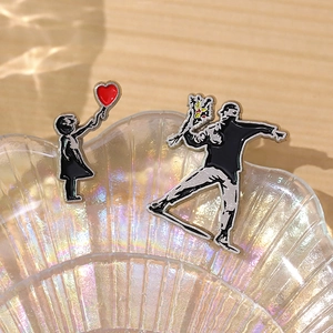 Artistic alloy enamel pins featuring girl with heart balloon and flower thrower designs