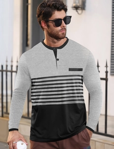 Detail of men's slim-fit Henley shirt featuring grey-black contrast stripes and two buttons