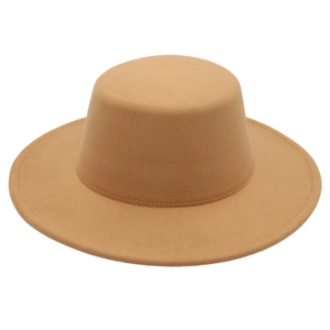 Classic camel flat top wool felt boater hat with wide brim in a timeless vintage style