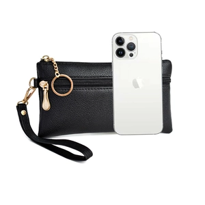 Litchi pattern black leather pouch with gold hardware shown next to a smartphone for scale