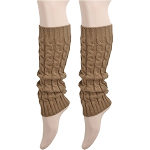 Detailed cable knit pattern on thick brown winter leg warmers with cozy ribbed texture