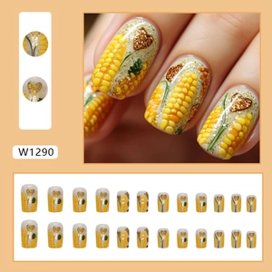 Medium square press-on nails with yellow corn pattern and glitter heart design 24pcs