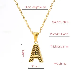 Detail shot of golden letter A pendant showing size 14mm by 11mm with 45cm chain length