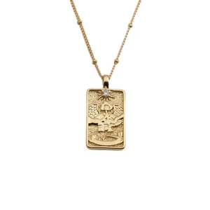 Golden rectangular angel pendant necklace with zircon stone on a fine bead chain