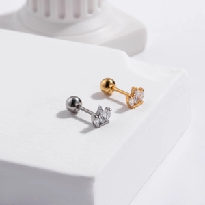 Macro shot of crown-shaped stainless steel screw back stud earrings with cubic zirconia