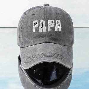 Washed dark gray baseball cap featuring PAPA embroidery with a creative fishing theme design