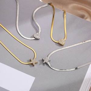 Stainless Steel Herringbone Chain Necklace With Heart Star Pendant Cubic Zirconia Plated 18K Gold Elegant Women Jewelry