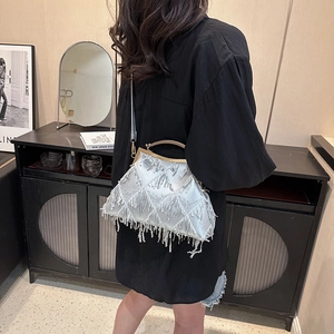 Detail of silver sequin evening bag with tassel fringe and elegant metal handle worn by model