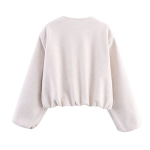 Beige soft fleece bomber jacket for women featuring a stylish cropped back view