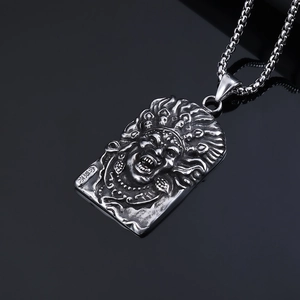 Vintage Nordic Fudo Myoo embossed stainless steel pendant necklace for men with box chain