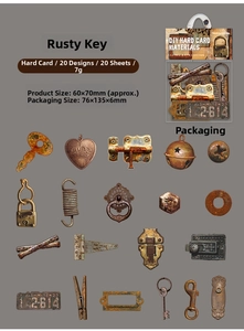 Detailed sheet of vintage industrial rust-themed cardboard stickers with keys and locks