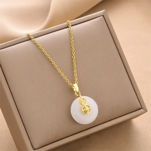 Gold titanium steel necklace with white jade pendant in a premium brown gift box