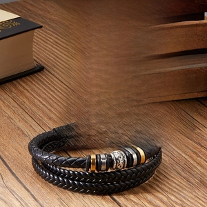 Men's multilayer braided leather bracelet with engraved magnetic clasp and gift card