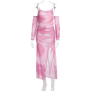 Detail of pink tie-dye ruched mesh dress with high slit and matching arm sleeves
