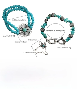 Detailed size and dimension chart for turquoise western cow skull bracelet set