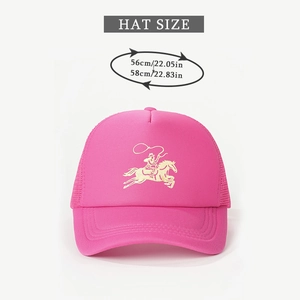 Pink retro trucker hat with horse rider embroidery and adjustable mesh back sizing