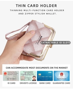 Pink checkered card holder with multiple slots and metal zipper showing interior capacity