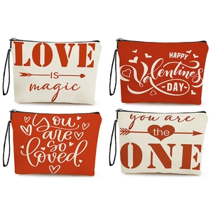 Valentine's Day Linen Canvas Makeup Bag Letter Print Cosmetic Pouch With Wristlet Strap Portable Zipper Bag For Women