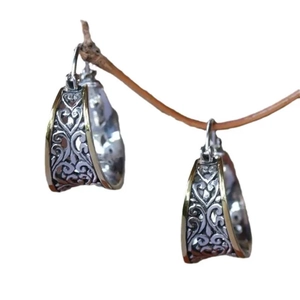 Gypsy hollowed geometric earrings with silver and gold finish on branch