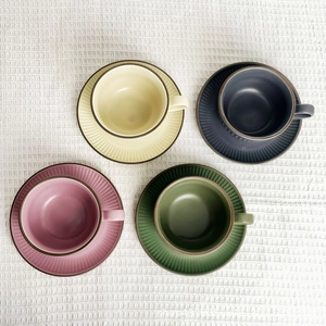 Nordic matte ceramic coffee cup and saucer set with vertical striped texture and brown rim