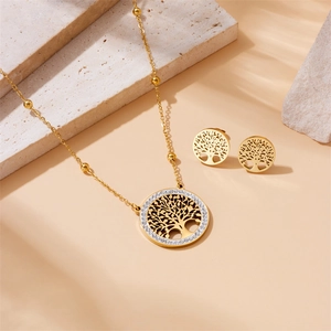 Golden Tree of Life jewelry set with sparkling crystals necklace and stud earrings